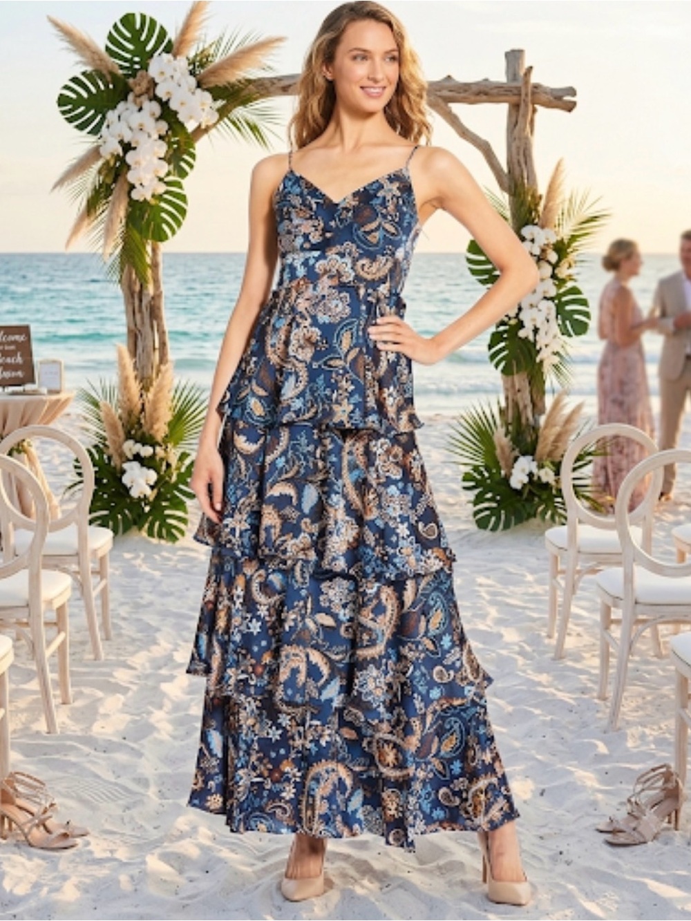 Skies Are Blue Paisley Print V-Neck Spaghetti Strapped Tiered Maxi Dress NWT XS